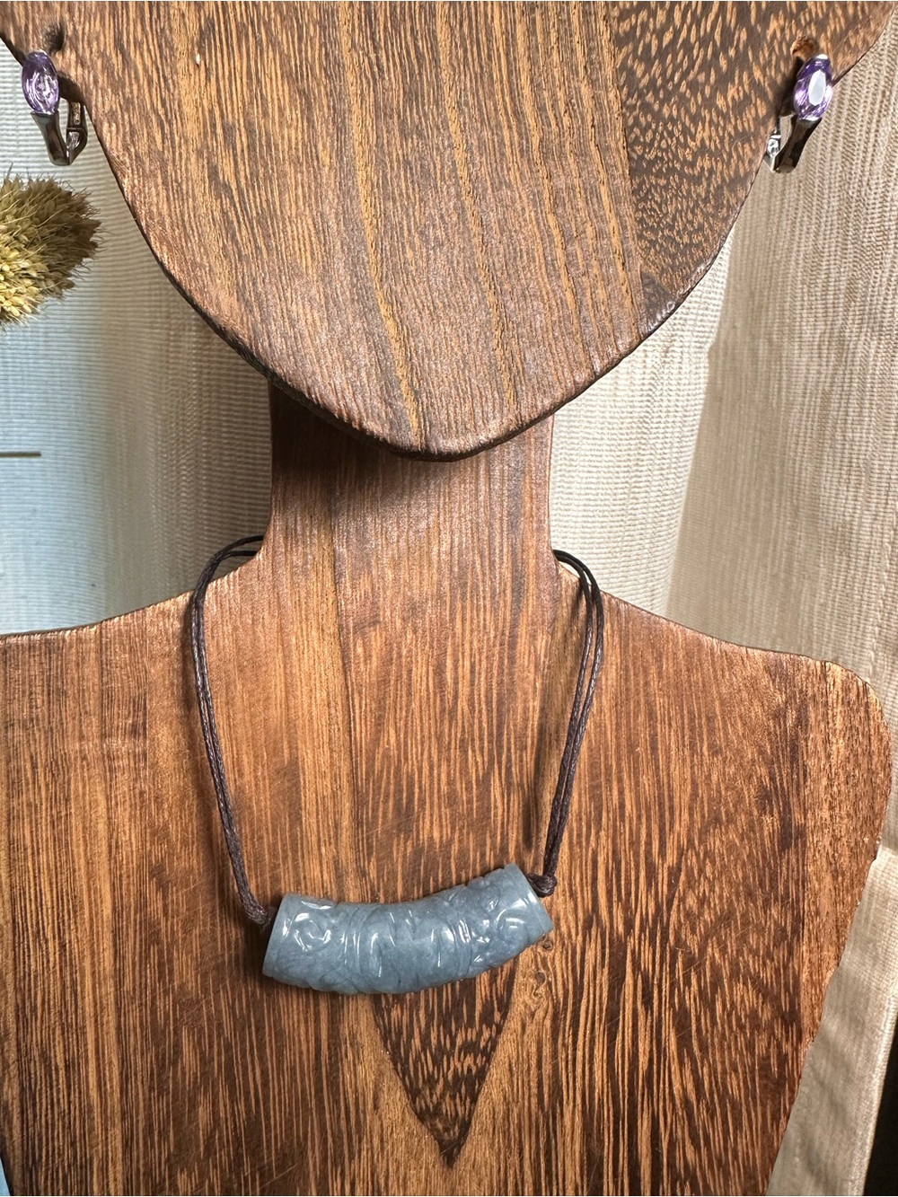 Green Jade Barrel Necklace on Brown Rope - Picture 7 of 16